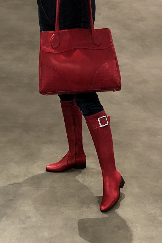Scarlet red women's calf bracelets, to wear over boots. Worn view - Florence KOOIJMAN
